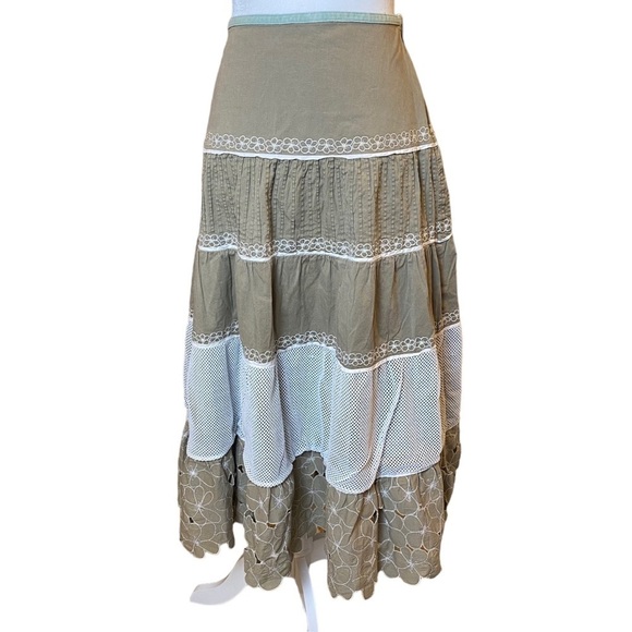 Vintage 80’s Prairie Skirt Large Drop Waist Multi Tiered Khaki and Ivory Retro - Picture 3 of 16